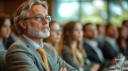 A thoughtful man listening attentively during a corporate meeting in a modern conference room filled with diverse attendees