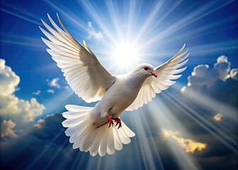 Fototapeta premium White Dove In Flight With Bright Sunlight Shining Behind Its Outstretched Wings
