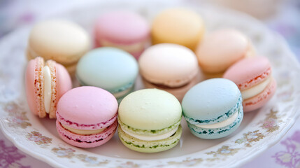 Obraz premium Artistic Close-Up of Delicate Macarons in Various Pastel Colors Arranged on a Porcelain Plate, Showcasing Elegant Dessert Presentation with Soft Hues and Refined Details