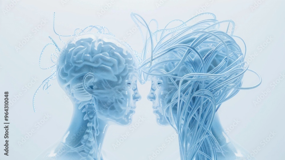 Poster abstract representation of two human heads merging, with intricate tube like structures representing