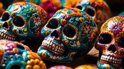 Colorful decorative skulls filled with intricate designs displayed at a market during a cultural festival celebrating tradition and creativity