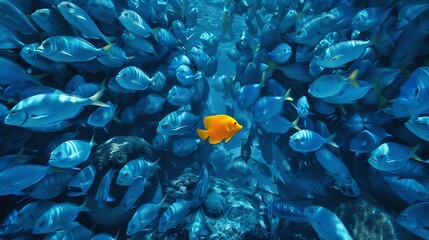 A single yellow fish swimming among a school of blue fish.