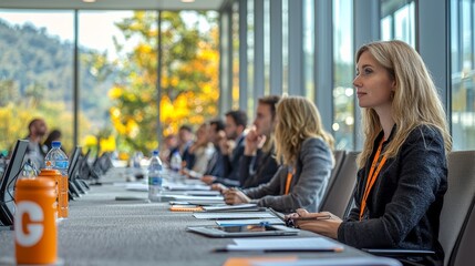 Professionals engaging in a collaborative meeting at a modern conference room with large windows overlooking the outdoors