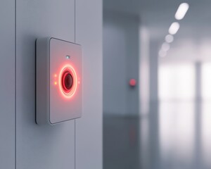 A Sleek and Modern Fire Alarm Interface Illuminates with a Glowing Ring in a Contemporary Space, Signaling Preparedness and Safety.