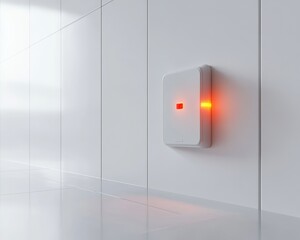 A Futuristic Fire Alarm System with a Warm Glowing Interface in an Ultra-Modern, Sleek Interior Setting That Evokes Safety and Awareness