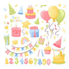 Happy birthday greeting elements, set of balloons, flags, cupcakes, cakes, gift boxes, garlands and hats, colorful shades, handmade style. Large set of vector elements isolated on white background