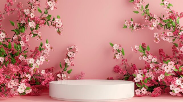 Floral display with a circular pedestal on a pink background surrounded by blooming branches