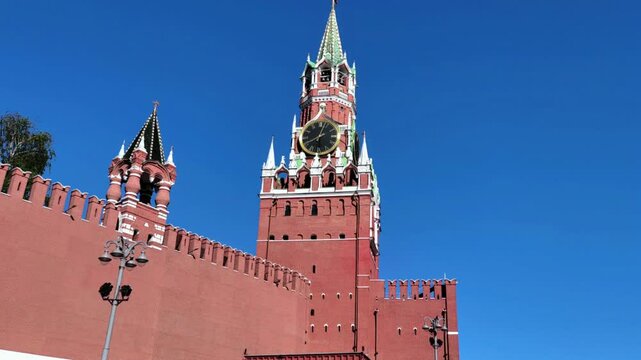 Centre of Moscow, view at Spasskaya tower of Moscow Kremlin. Moscow, Russia.	
