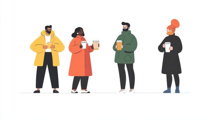 Naklejka premium Modern, minimalist characters hold warm beverages in cups and takeaway glasses, representing coffee and tea enthusiasts.