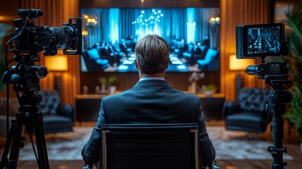 Obraz premium A man prepares for a live presentation in a well-lit conference room with multiple cameras recording the event