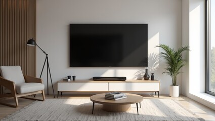 Hightech living room with smart devices and sleek design featuring a large screen TV Modern minimalist style captured in high resolution