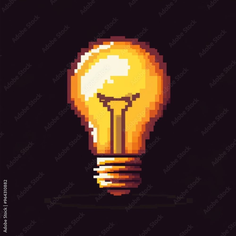Poster pixel art 8-bit light bulb icon - idea and solution concept