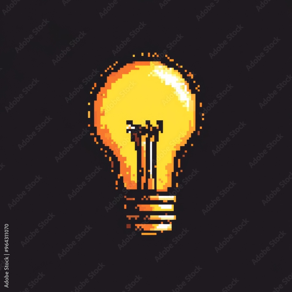 Poster pixel art 8-bit light bulb icon - idea and solution concept