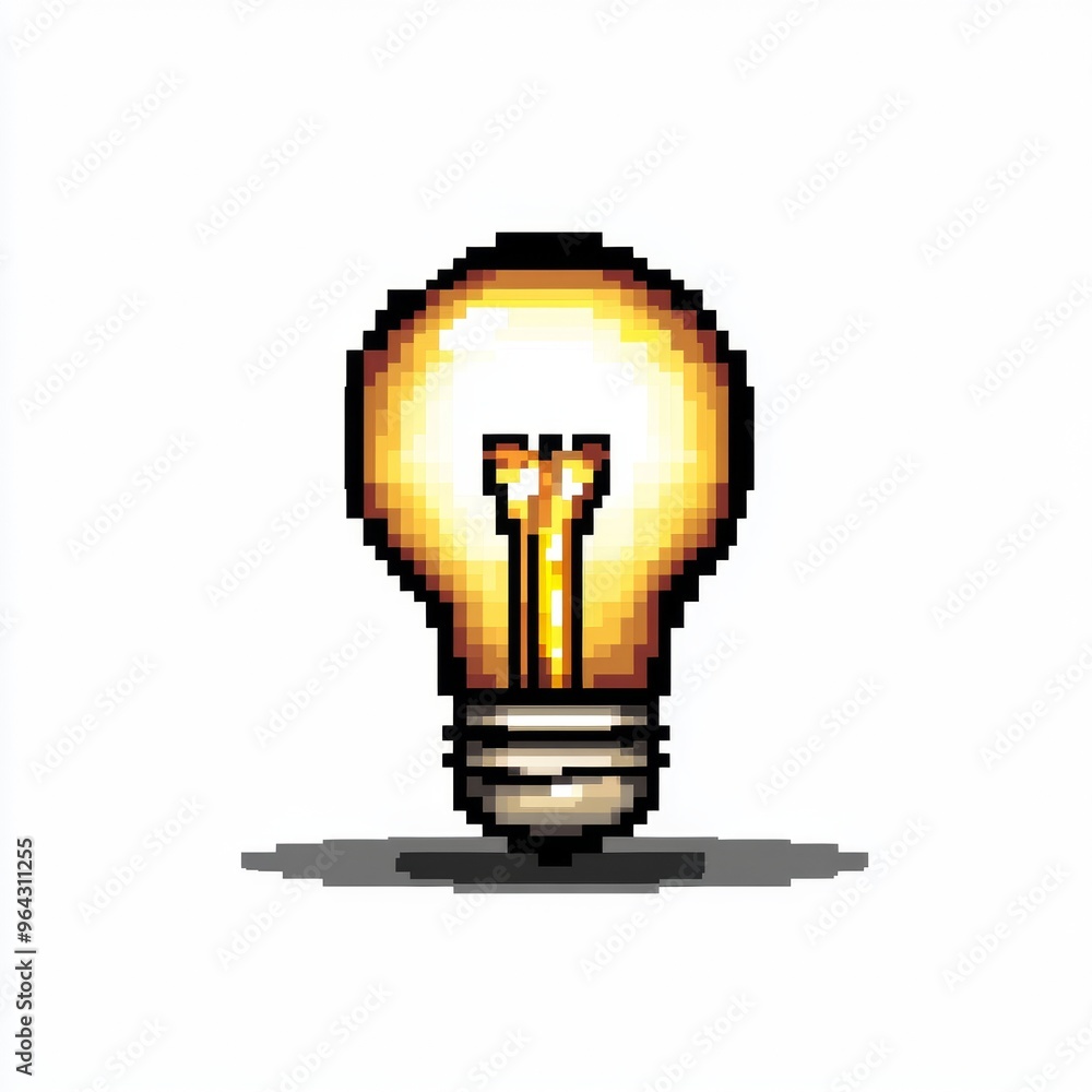 Poster pixel art 8-bit light bulb icon - idea and solution concept
