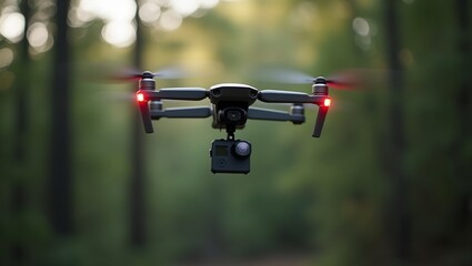 A professional drone with attached camera capturing aerial footage of a lush forest from above Highresolution image for commercial use