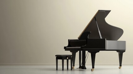 Realistic black grand piano, stool. Classical keyboard musical instrument. Color horizontal banner with place for text. Concert announcement. Advertisement of piano lessons.