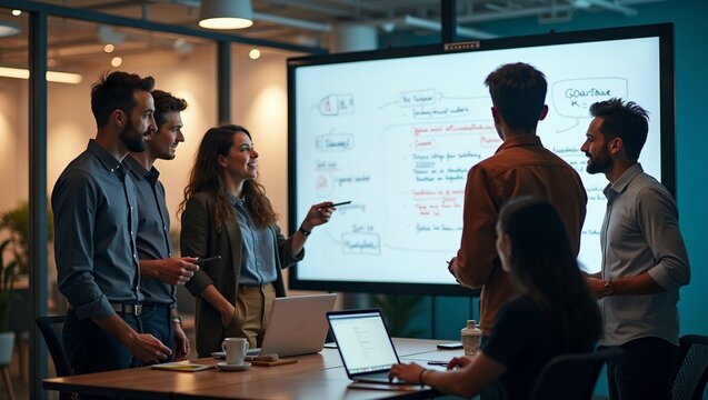 Diverse tech team brainstorming in modern office space gathered around whiteboard Professional highresolution image of collaborative work environment