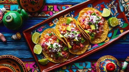 A platter of tostadas topped with ceviche, fresh avocado, and lime, placed on a colorful Mexican textile with pottery and maracas scattered around