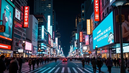 Fototapeta premium Vibrant cityscape at night with neon signs illuminating bustling street filled with people crossing High resolution urban night scene