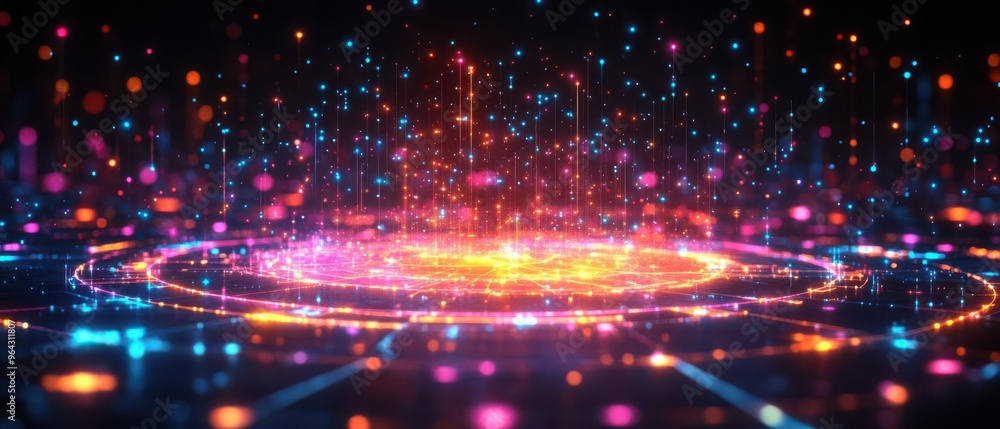 Aufkleber mesmerizing digital art of colorful particles creating a radiant glow in a cosmic space, invoking fe
