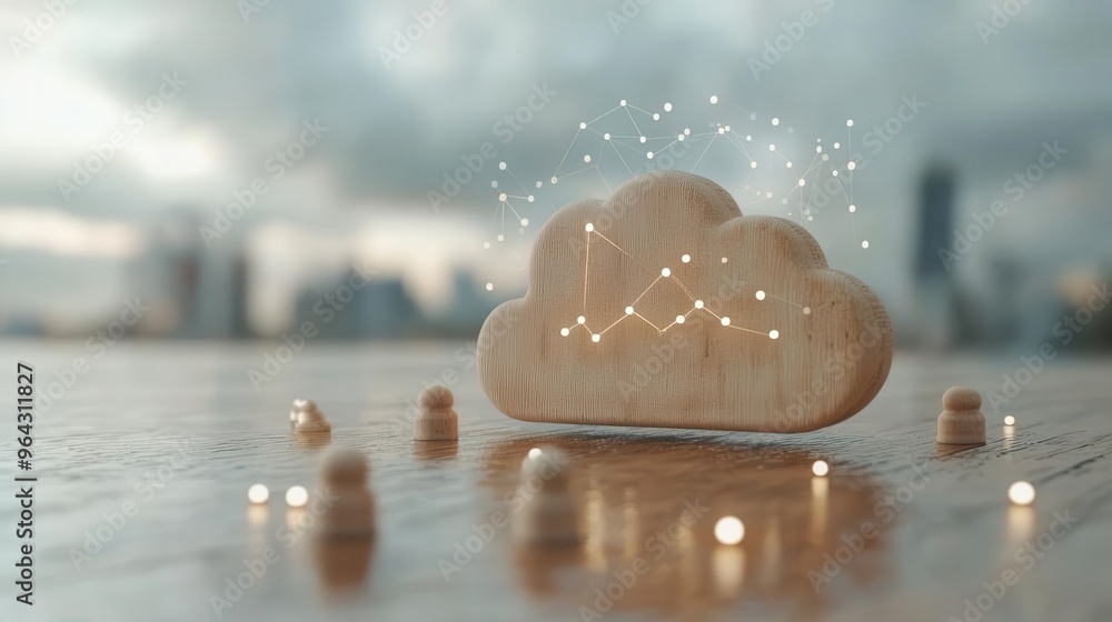 Poster wooden cloud symbol with data visualization, representing digital storage and technology innovation 