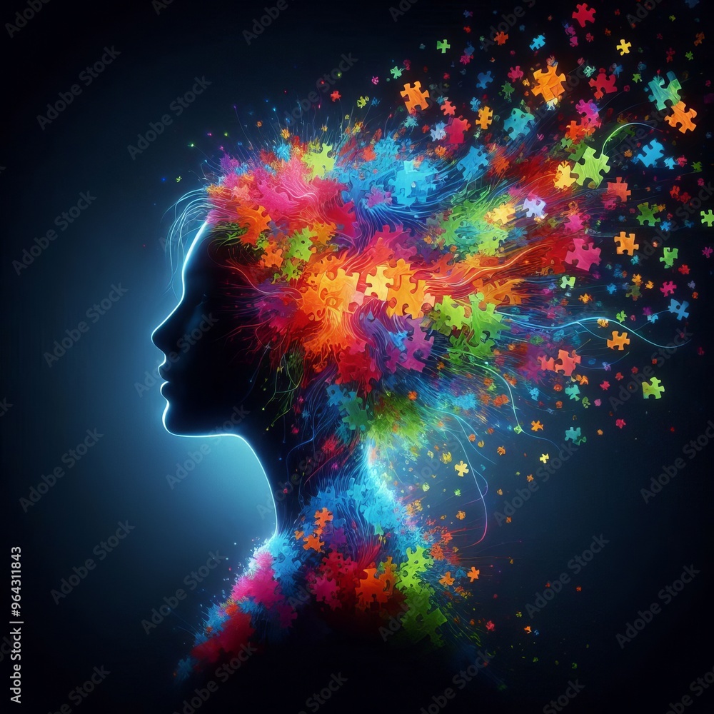 Poster abstract silhouette of a head with vibrant, colorful puzzle pieces exploding outward, representing c