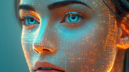 A close-up view of a woman's face with digital effects, highlighting beauty and technology integration in modern aesthetics.