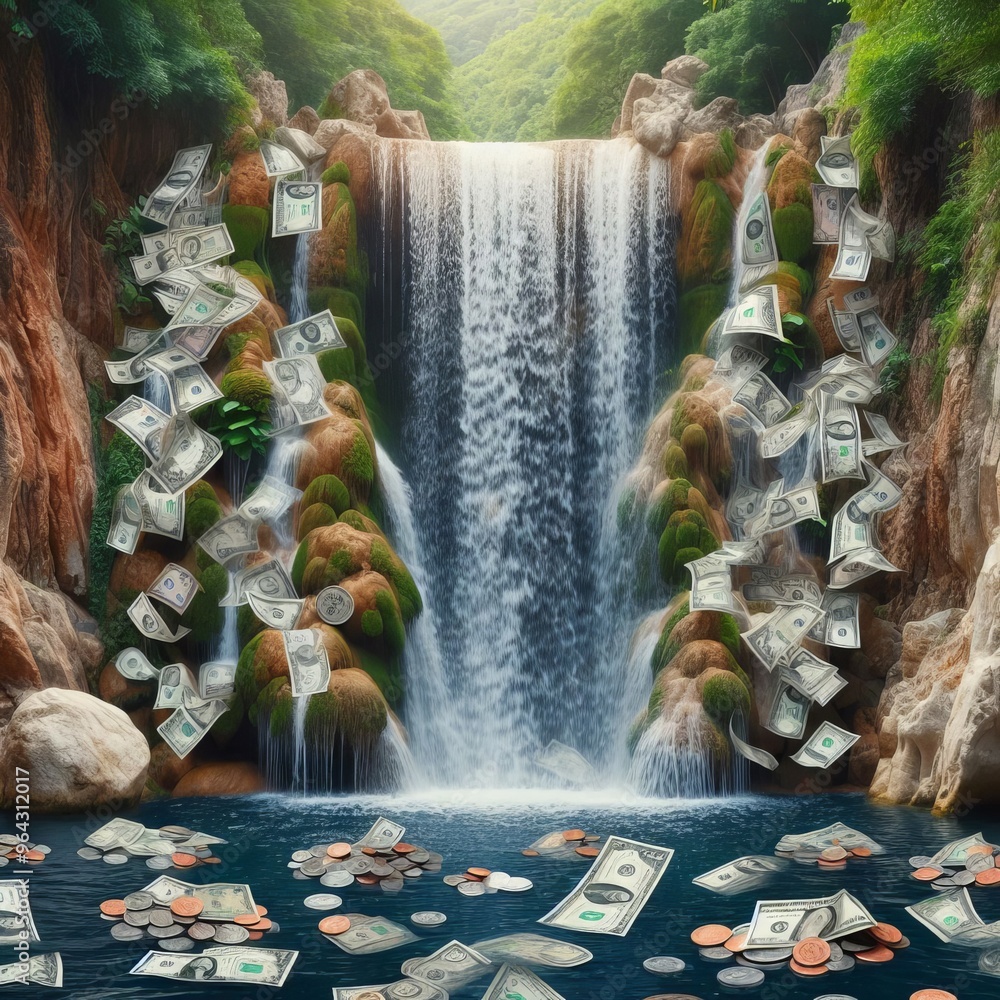 Poster an imaginative scene where a waterfall cascades into a pool filled with dollar bills and coins. the 