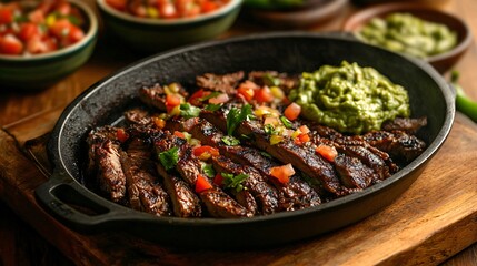 A sizzling pan of carne asada with grilled vegetables, placed on a wooden cutting board with bowls of guacamole, pico de gallo, and salsa verde in the background