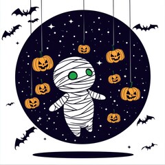 Fototapeta premium Cute Mummy Hanging with Pumpkins Against a Night Sky