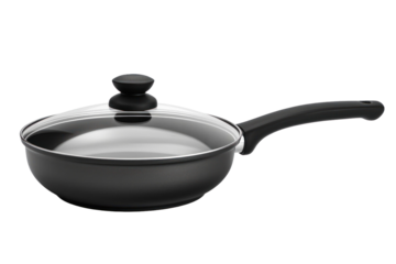 This black frying pan features a clear glass lid, ideal for sautéing vegetables or simmering sauces while adding a touch of elegance to cooking.