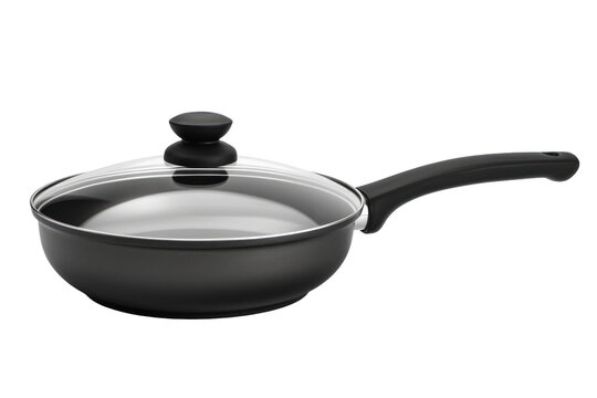 This black frying pan features a clear glass lid, ideal for saut&eacute;ing vegetables or simmering sauces while adding a touch of elegance to cooking.