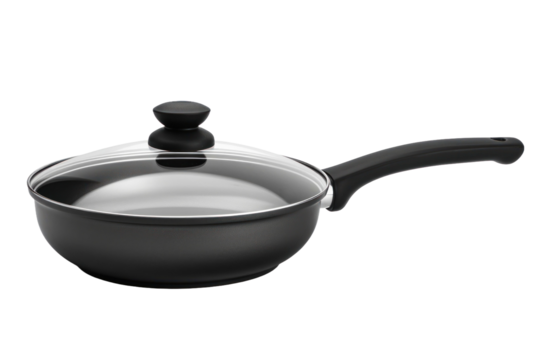 This black frying pan features a clear glass lid, ideal for sautéing vegetables or simmering sauces while adding a touch of elegance to cooking.