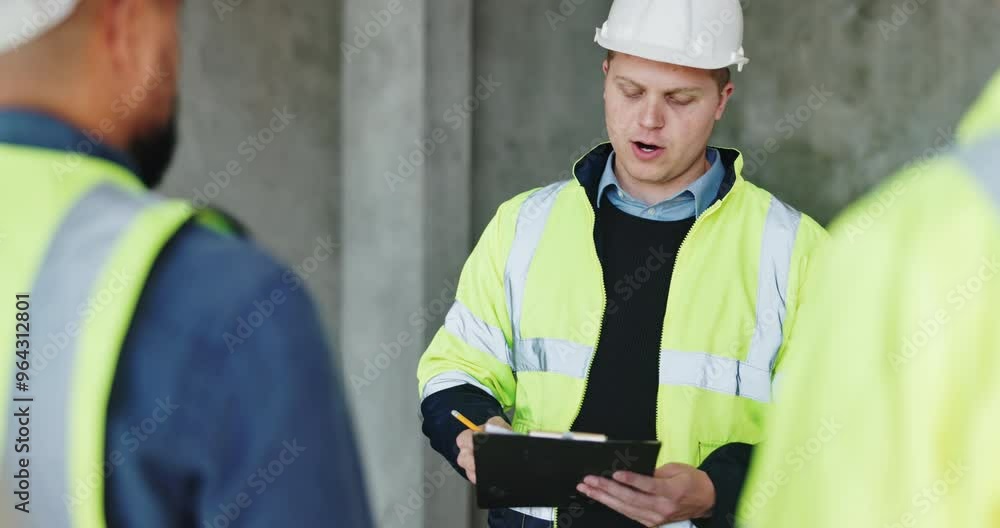 Poster Leader, tablet and planning with man on construction site for project management, property development and building inspection. Architecture, technology and digital blueprint with team update