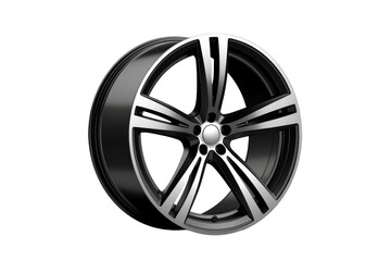 Obraz premium A stunning alloy wheel stands prominently with a polished surface and striking spoke pattern, highlighting contemporary automotive design artistry.
