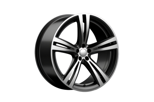 A stunning alloy wheel stands prominently with a polished surface and striking spoke pattern, highlighting contemporary automotive design artistry.