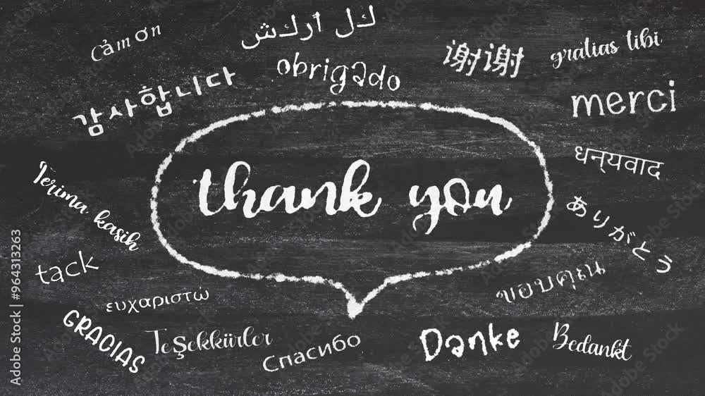Poster thank you in different international language text write on chalkboard animation cinematic title abs