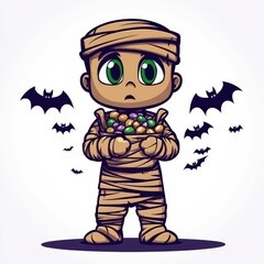 Cute Mummy Kid Holding Candy Basket for Halloween