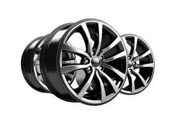 Naklejka premium Two striking alloy wheels sit side by side, highlighting a sleek design that enhances the aesthetics of any sporty vehicle, perfect for a custom upgrade.