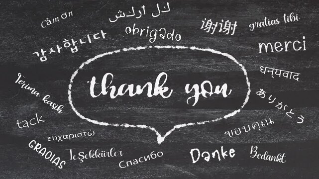 Thank you in different international language text write on chalkboard animation cinematic title abstract background 