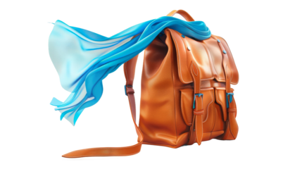 A brown leather backpack catches the breeze, with a vibrant blue scarf swirling around it, creating a dynamic and playful atmosphere that captivates the eye.