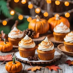 Delicious pumpkin cupcakes , nestled among vibrant autumn leaves and decorative pumpkins, celebrating the season.