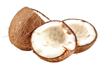 Halved coconuts display their creamy white flesh, nestled within a rough, brown exterior, ready to be enjoyed in a delightful culinary adventure.