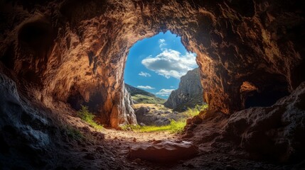 View can be seen from the entrance of a cave, revealing vibrant greenery and soft sunlight