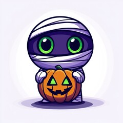Obraz premium Cute Mummy Holding a Jack-o'-Lantern Pumpkin for Halloween