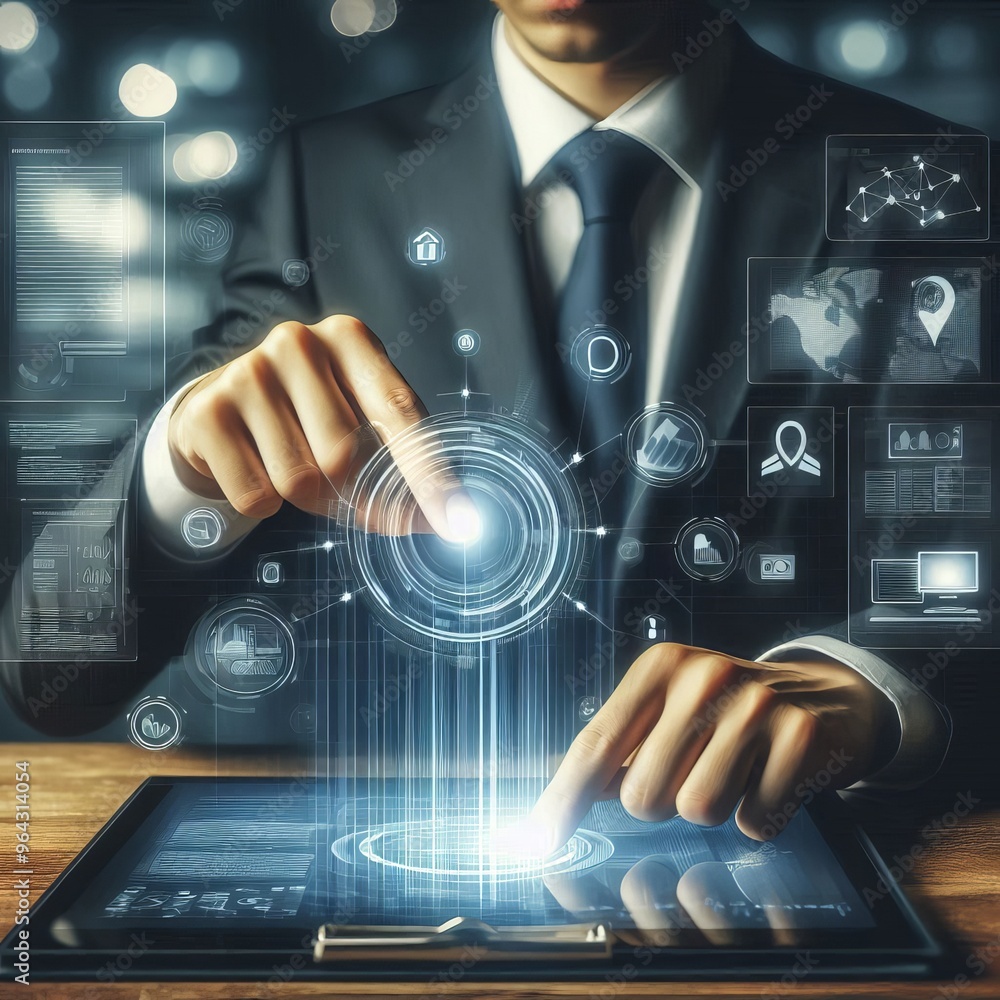 Poster a businessman in a suit interacting with a high-tech digital interface on a tablet, surrounded by ho