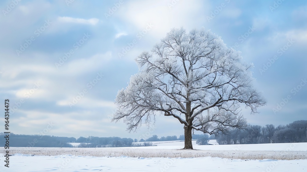Poster a single, snow-covered tree stands in a field with a cloudy sky in the background.