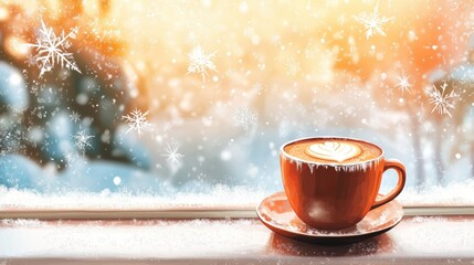 Fototapeta premium A warm cup of coffee sits on a windowsill adorned with snow, while beautiful snowflakes drift outside during a winter morning
