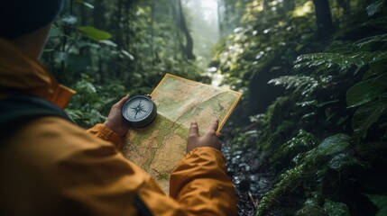 Hiking Adventure  Using Compass and Map in Lush Rainforest