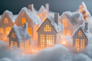 A snowy winter village scene made from paper and cardboard, lit from within by tiny LED lights, with fluffy cotton snow covering the roofs